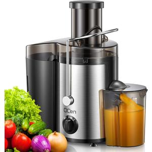 Qcen Juicer Machine, 500W Centrifugal Juicer Extractor with Wide Mouth 3 Feed Chute for Fruit Vegetable, Easy to Clean, Stainless Steel, BPA-free (Black)