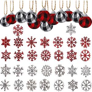 42 Pcs Christmas Buffalo Plaid Decoration Set Include 2 Inch Xmas Check Fabric Ball Ornament 3.15 Inch Wooden Snowflake Hanging Ornament Black Red Plaid for Christmas Tree Party Decor