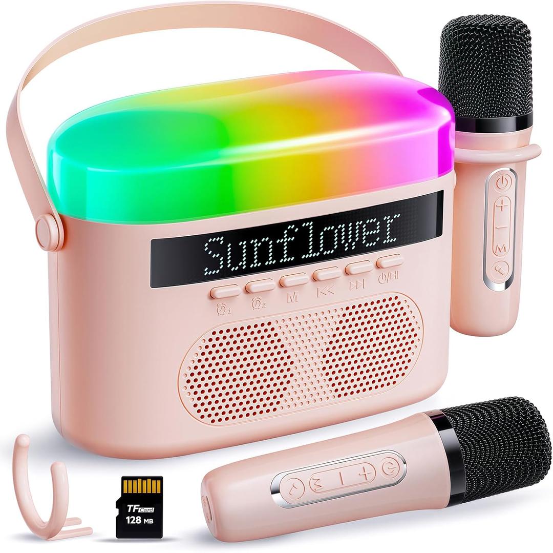 Karaoke Machine for Kids & Adults with 2 Wireless Mics 2400mAh Portable Bluetooth Karaoke Speaker with Timer White Noise & Night Light High Power Dual Speaker LED Display Home & Outdoor Party - Pink