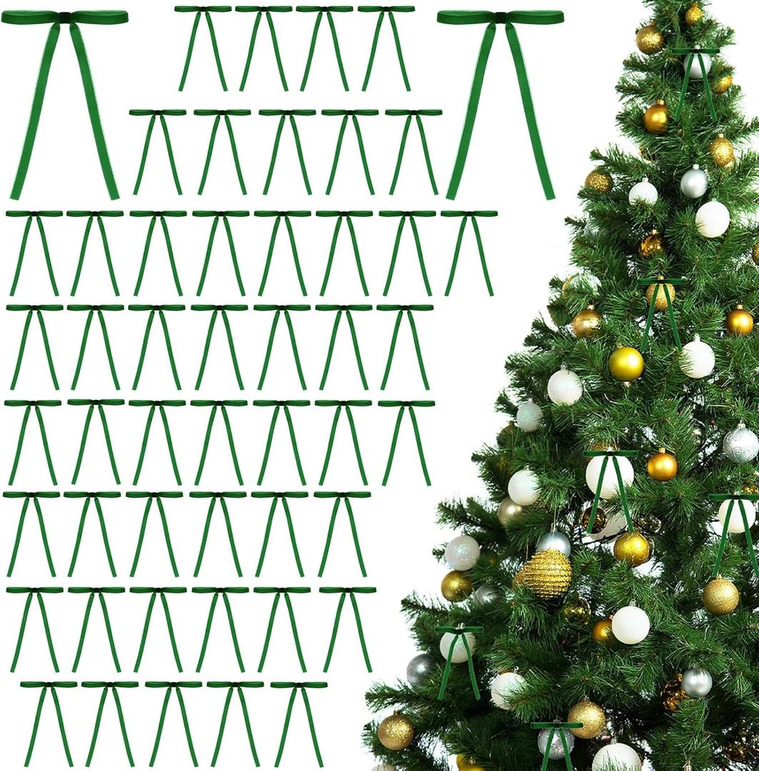 48Pcs Velvet Twist Tie Bows Dark Green Velvet Christmas Bows for Christmas Tree Vintage Wreath Velvet Bow Rustic Velvet Gift Decoration Bows for Tree Gift Indoor Outdoor Decorations