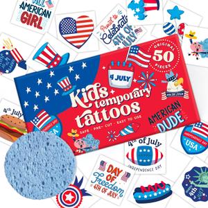 4th of July Temporary Tattoos for Kids  50pcs Patriotic USA Tattoo Stickers for Independence Day, Pre-Cut, Hypoallergenic, Skin-Safe, Easy to Apply | Flags, Stars, Fireworks | Party Favors & Gifts