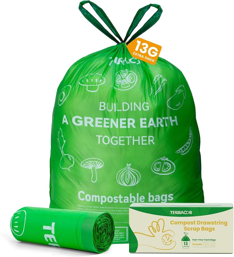 13 Gallon Compostable Trash Bags Drawstring, Heavy Duty Extra Thick 1 Mil, 35 Bags, Tall Kitchen Food Scrap Waste Bag, ASTM D6400