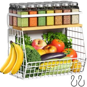 Ofirayhome Magnetic Fridge Shelf with Wood Lid, Fruit Potato Onion Storage Bins, Pantry Organizers, Large Container Spice Rack for Refrigerator, Kitchen Counter, Cabinet (2, White)