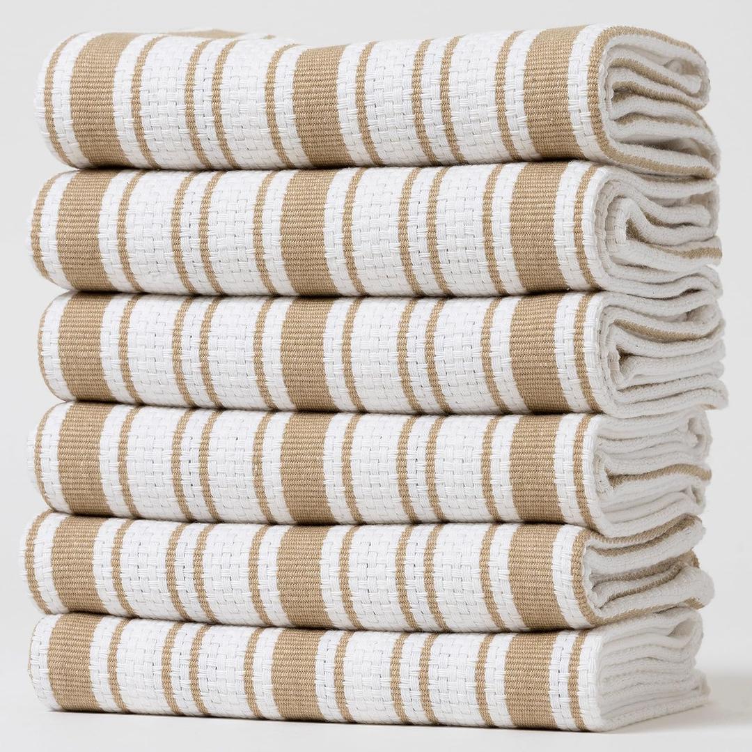 Kitchen Towels Set  Pack of 6 (20 x 30) Extra Large Premium Cotton Dish Towels for Kitchen  Basket Weave Towels  Absorbent  100% Cotton  with Hanging Loop  Beige (Pack of 6, Beige Multi Striped)