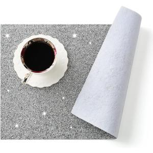 Silver Placemat for Dining Table, Heat Resistant Waterproof Washable Sparkle Glitter Rhinestones Decoration Table Mat, Easy to Clean Anti-Slip Rectangle Placemat 12 x 18 inch
