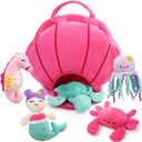 BenBen Ocean Stuffed Animal, 5 Pack Small Sea Creature Plush Toys and Shell Carrying Bag Set, Cute Plushies for Baby Kids, Sea Turtle, Octopus, Mermaid, Seahorse, Crab, Baby Shower, Stocking Stuffers