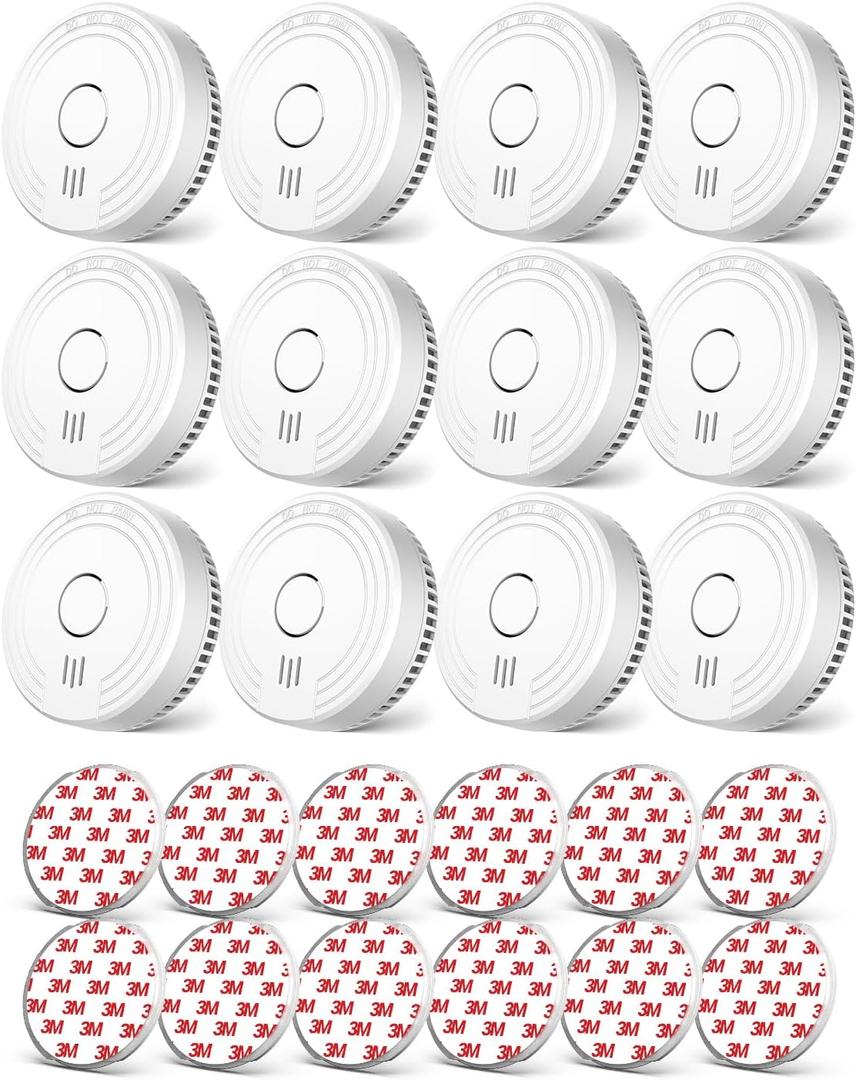 Ecoey Smoke Alarm Fire Detector, Battery Included Photoelectric Smoke Detector with Test Button and Low Battery Signal, Small Fire Alarm for Home, Bedroom FJ136GB, 12 Packs