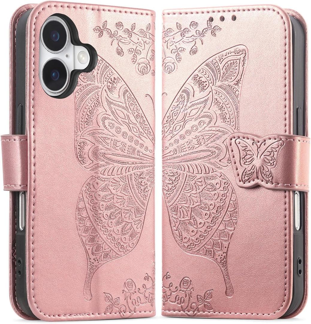 for iPhone 16 Wallet Case with Card Holder, Butterfly Flower Embossed PU Leather Kickstand Card Slots Cover Flip Case for iPhone16 6.1 Inch (Rose Gold)