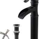 BWE Vessel Sink Faucet Waterfall Matte Black with Pop Up Drain Without Overflow and Supply Lines, Black Sink Faucet Bathroom One Handle Faucets Vanity Bath Mixer Tap