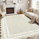 Washable 8x10 Area Rugs for Living Room, Solid Ivory Large Bedroom Rug Non-Slip Ultra-Thin Dining Room Rugs, Soft Scalloped Carpet for Nursery Kids Room Office