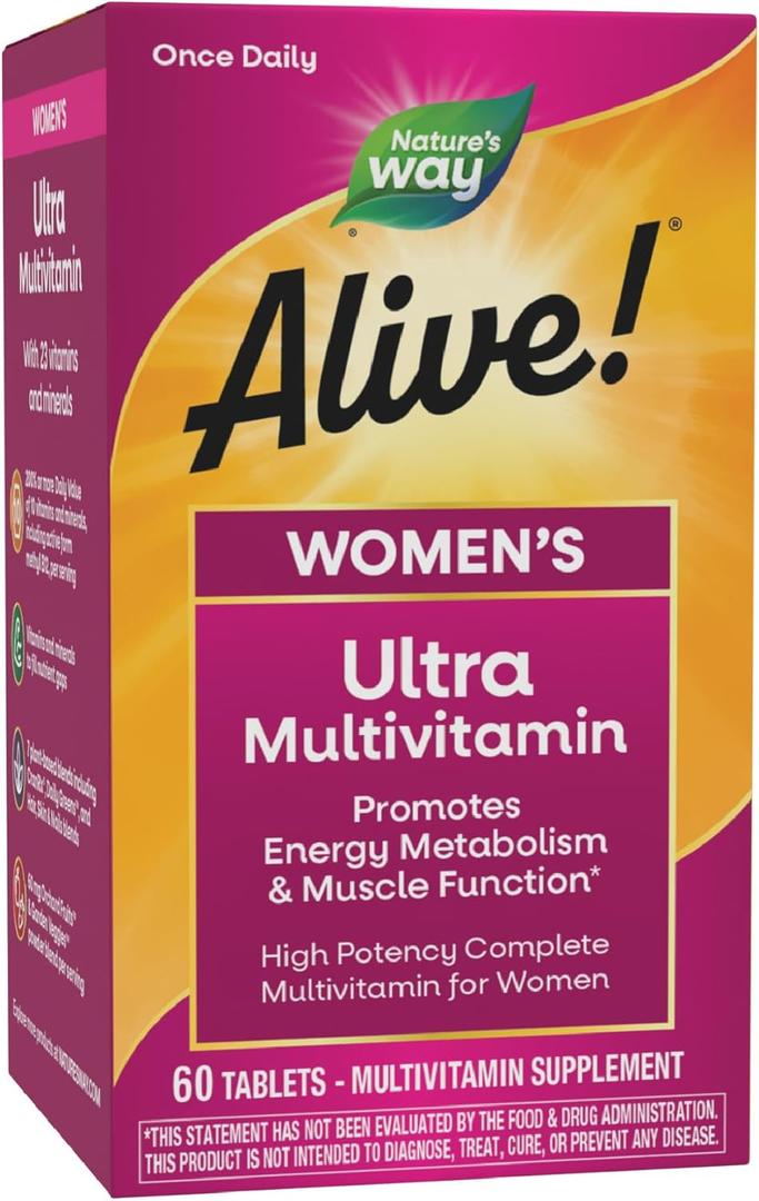 Nature's Way Alive! Ultra Multivitamin for Women, Complete Daily Women's Vitamins, High Potency Formula, Promotes Energy Metabolism and Muscle Function*, Vitamin A, C, D, Methylated B12, 60 Tablets EXP: 09-30-27