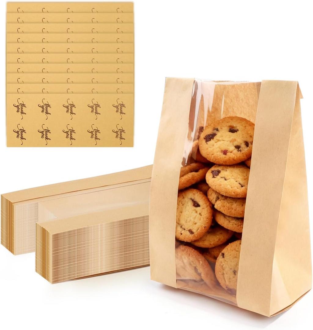 WYTAOHZL 100PCS Cookie Bags 7.48 x 3.93 x 2.36 inch Brown Paper Bags with Stickers Kraft Bakery Bag with Window for Cookies Snacks Candies