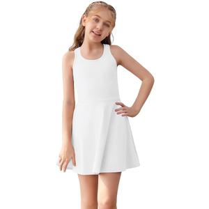 Haloumoning Girls Sleeveless Tennis Dress Kids Racerback Golf Dress School Sports Dresses Outfit with Shorts Pockets White 150