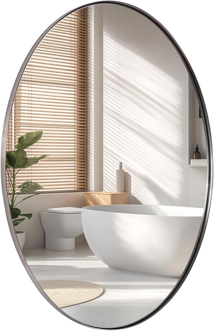 Brushed Nickel Oval Mirror,24 x 36 Inch Bathroom Mirror Brushed Nickel Stainless Steel Metal Frame, Oblong Mirror Pill Shaped Mirrors for Bathroom Wall Mount Horizontal or Vertical