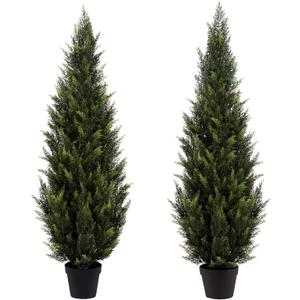 4FT Artificial Cedar Topiary Trees (2 Pack) - UV Resistant Faux Evergreen Shrubs Extra Dense Foliage Realistic Fake Pine Cypress Plants Easy Assembly for Front Porch Garden Indoor Office Decor