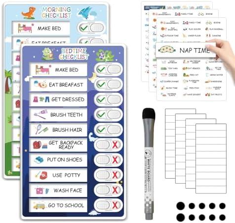 Upgraded 2 in 1 Bedtime/Morning Routine Chart for Kids Toddlers, Magnetic Chore Chart for Kids, Cute Visual Schedule for Kids Schedule Board for Home, Kids Checklist to Do List ADHD Tools for Kids Dinosaur