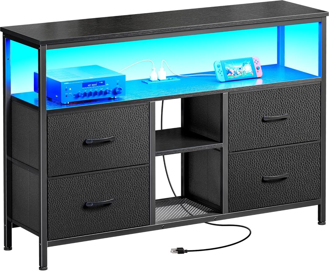 Huuger TV Stand Dresser with Power Outlets and LED Lights, 4 Drawers Entertainment Center with Open Shelf, Media Console for 50 43 Inch TV, Dresser with PU Finish, Black