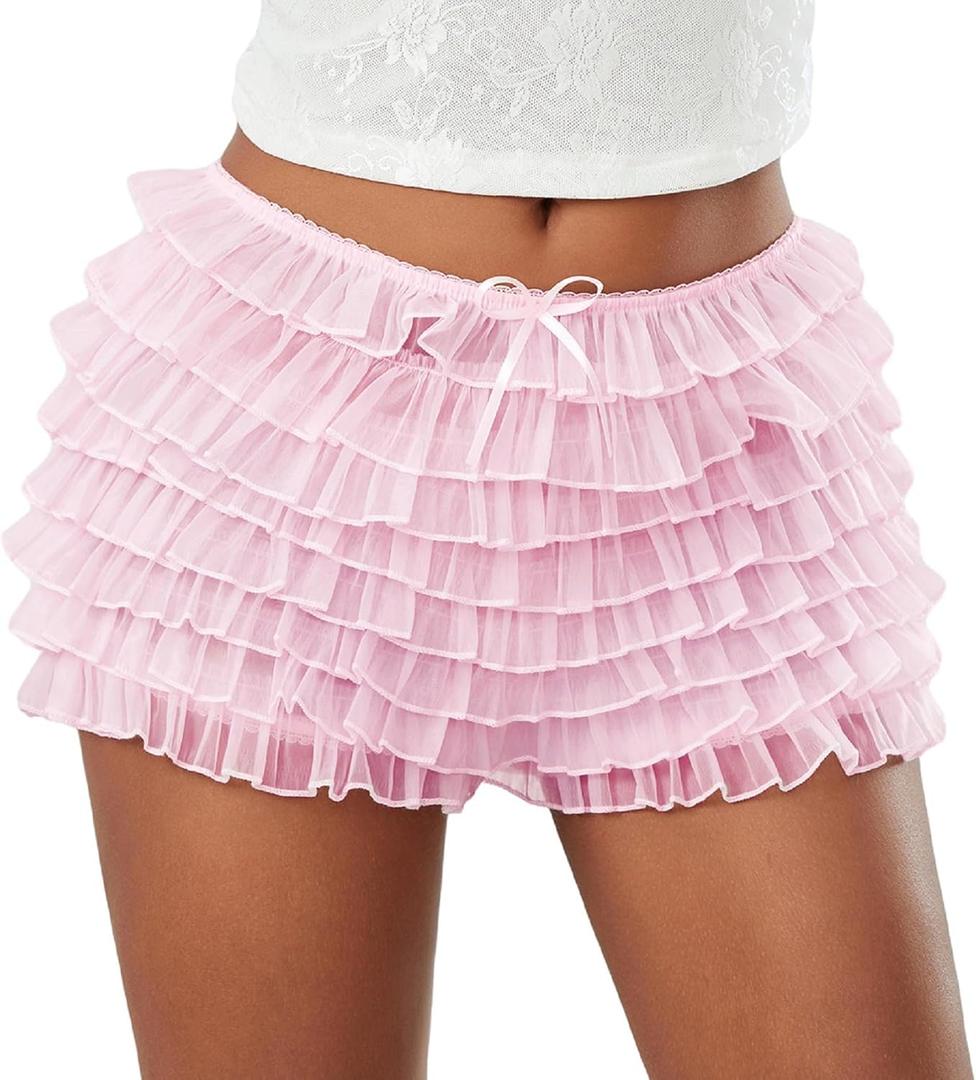 Aopwsrlyi Womens Lace Trim Ruffle Shorts Lolita Bloomers Y2k Layered Frilly Puffy Shorts Sexy Boy Shorts Bubble Skirt, XS
