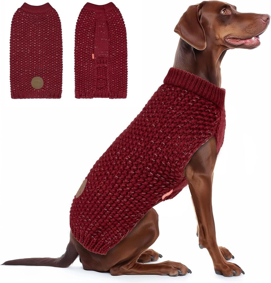 KYEESE Dog Sweater for Large Dogs with Leash Hole Warm Pullover with Reflective Yarn Male Thick Stretchy Knitwear Winter Soft Pet Coat boy for Cold Weather Comfy Dog Sweaters, Dark Red,XXX-Large (XXXL (70-90lbs))