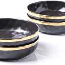 Stone Lain Florian 4-Piece Round Pasta Bowl Set, Black with Gold Rim