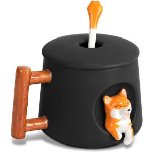 YLOKO Cute Shiba Inu Ceramic Mug wtih Lid and Spoon, 14oz Novelty Coffee Mugs, Cute Dog Cup for Coffee, Tea, Milk, Lovely Gifts for Dog Lovers, Kids, Friends, Black