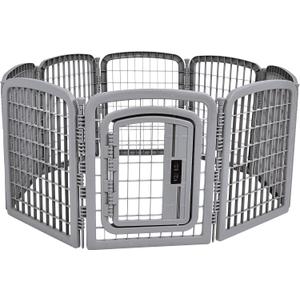 Amazon Basics 8-Panel Octagonal Plastic Dog Playpen, Indoor/Outdoor Pet Fence with Gate, Exercise Pen for Puppies and Small Animals, 28 inches, Grey
