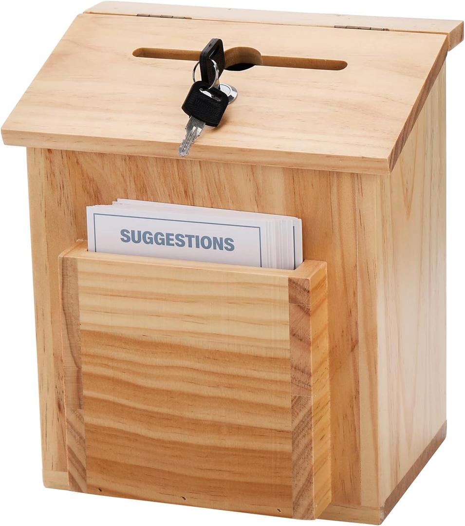 ZENFUN Wooden Suggestion Box with 50 Free Suggestion Cards, Natural Pinewood Ballot Comment Box Donation Box with Locking Hinged Lid for Countertop or Wall Mounted, 8.6" x 6.8" x 10"