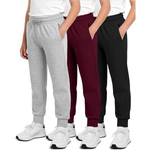 Real Essentials 3 Pack: Boys' Cotton Fleece Jogger Sweatpants - Active Athletic Youth Pants for Teens with Pockets (L)