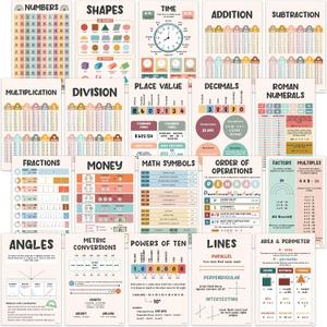 Decorably 20 Boho 5th Grade Math Posters for Classroom, 11x17in Matte-Laminated Educational Math Posters 4th Grade Decor - Classroom, Bulletin Boards, Home Study Room
