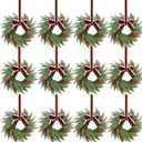 12 Pcs Small Christmas Wreath, Norfolk Pine Wreaths, 14in Mini Wreaths for Cabinets Christmas Candle Rings with Ribbon for Kitchen Window Decor, Mini Decorative Hanging Wreath for Xmas Decor