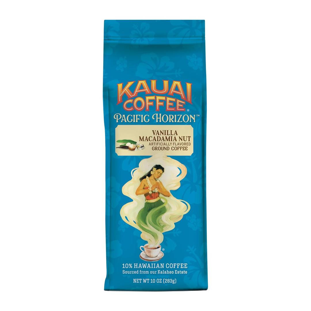 Kauai Hawaiian Ground Coffee, Vanilla Macadamia Nut Flavor (10 oz Bag) - 10% Hawaiian Coffee from Hawaii's Largest Coffee Grower - Bold, Rich Blend, 10 oz, BBD 02/16/2027