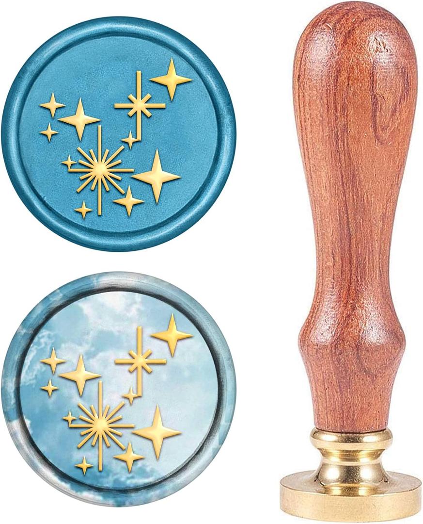 CRASPIRE Twinkle Star Wax Seal Stamp Four-Pointed Stars Vintage Sealing Wax Stamp Retro 25mm Removable Brass Head with Wooden Handle for Wedding Invitations Envelopes Wine Packages Greeting Cards