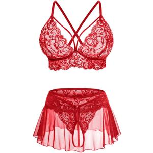 Sexy Lingerie for Women Naughty 3 Piece Lace Bralette, Mini Skirt with G-String Crotchless Lingerie Outfits (Medium, Red)