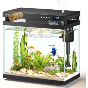 Vehipa Fish Tank, 2.2 Gallon Smart Aquarium, Black Small Fish Aquarium Kits | with Smart Humidifier, Auto Feeder, Silent Water Pump, Temperature Display & 7-Color Lighting, for Office & Home