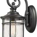 Emliviar Modern Outdoor Wall Lantern - Exterior Carriage Light for Garage Front Porch with Seeded Glass Shade, 15.5 Inch Height, Black Finish, XE229B BK