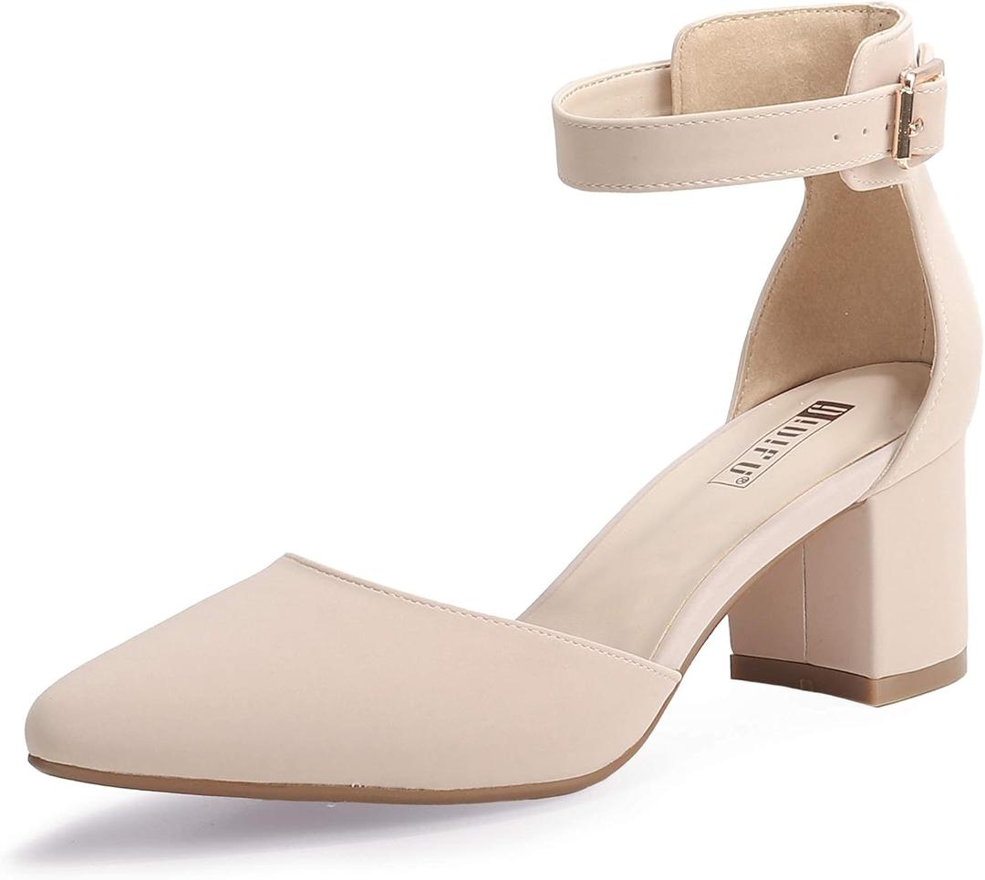 IDIFU Women's IN2 Pedazo Dress Shoes Low Block Heels Comfortable Chunky Closed Toe Ankle Strap Wedding Pumps (9.5, Nude Nubuck)
