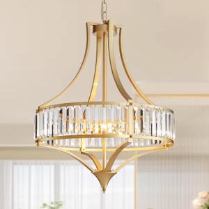 Crystal Chandeliers for Dining Room 21.6" Rustic Farmhouse Chandelier with Round Metal Shade 6-Light Large Gold Dining Room Light Fixture for Kitchen, Hallway, Bedroom, Foyer
