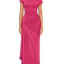 YMDUCH Women's Casual Short Sleeve Boat Neck Ruched High Split Bodycon Long Formal Dress Rose S