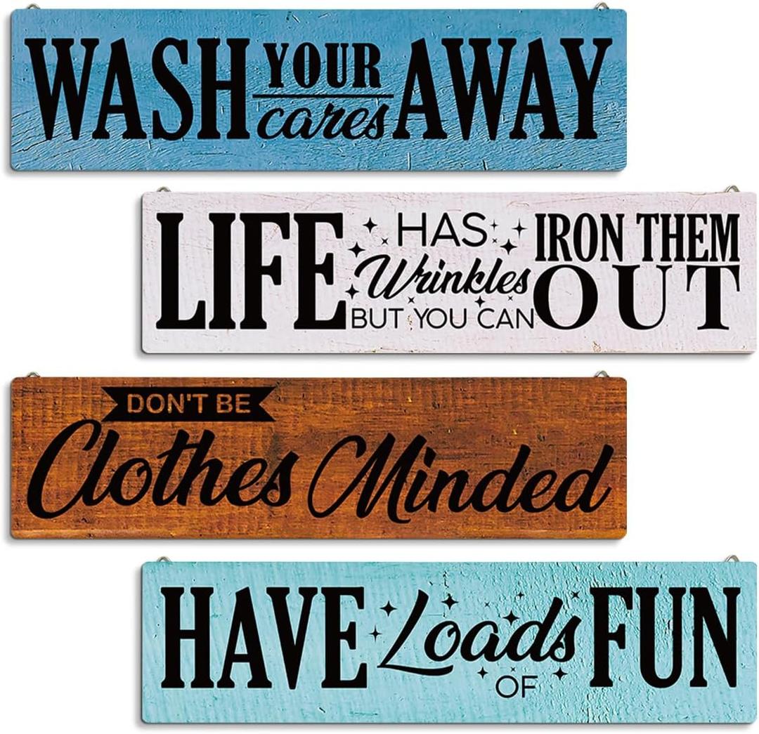 4 Pcs Laundry Room Decors, Four Pieces Hanging Wall Plaques, Funny Laundry Room Wall Art, Farmhouse Laudry Quotes Sign, Wall Decor Art, Wash Away - Life Out - Clothes Minded - Have Loads of Fun Sign C