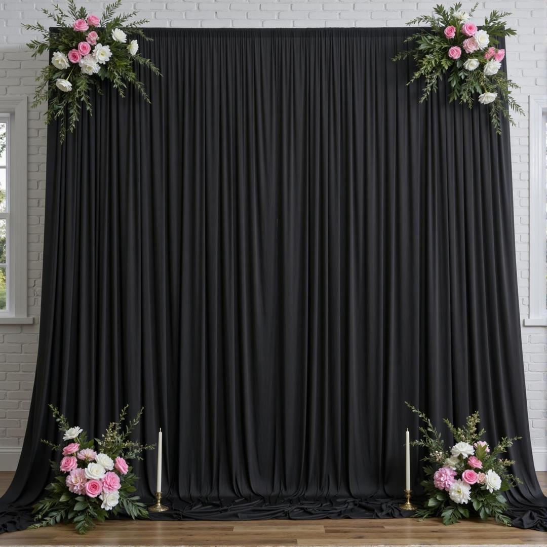 10ftx12ft Black Wrinkle-Free Wedding Backdrop Curtain -Silky Washable Black Polyester Drapes for Baby Showers, Birthday Parties, Photography, and Wedding Receptions-2 Panels 5FTx12FT