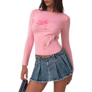 Fisoew Womens Cropped T Shirts Floral Print Mesh Long Sleeve Crew Neck Casual Tee Shirt Tops Y2K Going Out Outfits (Pink, S)