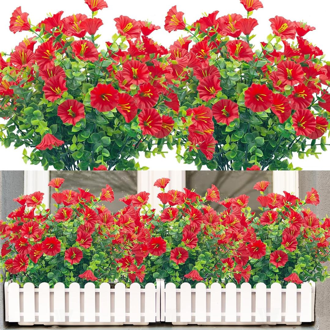Artificial Flowers for Outdoors,8 Bundles UV Resistant Fake Flowers Outside Faux Plastic Flowers for Outdoor Garden,Porch,Patio Dcor(Red)