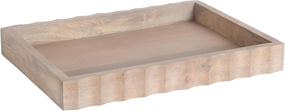 Kate and Laurel Lissi Decorative Rectangle Tray with Wavy Design; 16 x 12; Natural Wood; Modern Scalloped Serving Tray for Coffee Table Ottoman; Dining Table; or Entryway Catch-All Tray