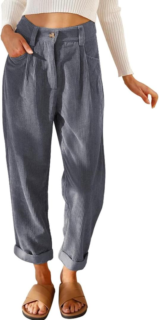 Womens Corduroy Pants Casual High Waisted Straight Leg Vintage Trousers for Women with Pockets (Grey US 16)