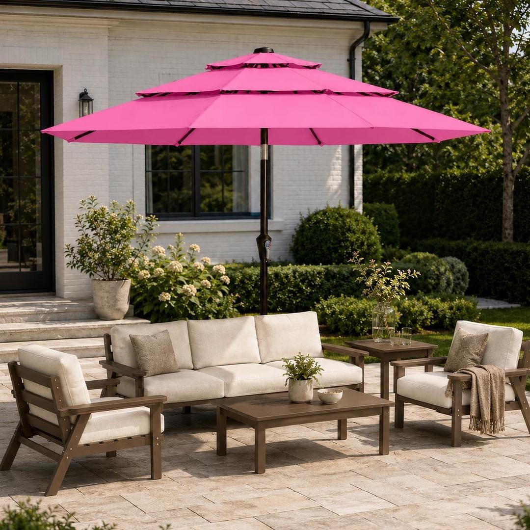 10ft Patio Umbrella, 3-Tier Vented Outdoor Table Umbrella with 8 Sturdy Fiberglass Ribs, Windproof Market Umbrella with Push Button Tilt and Crank, UV Protection for Deck, Pool, Rose Pink