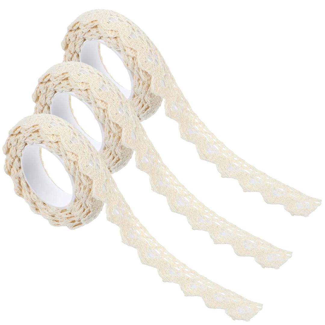 3 Roll 2 Yards 0.6" Wide Lace Washi Tape Self-Adhesive Beige Cotton Lace Trim Decorative Laces Stickers for Craft DIY Card Making Arts and Crafts Tape