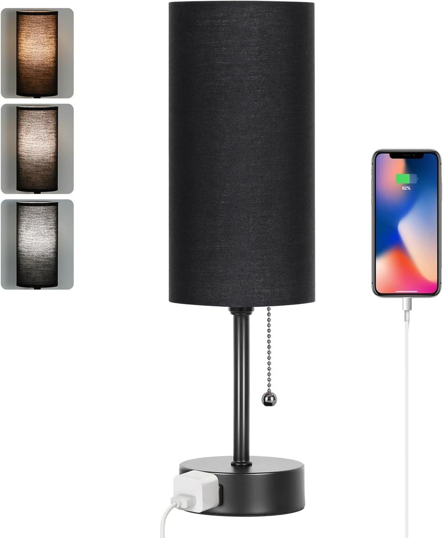 Dott Arts Table Lamp for Bedroom, 3-Color Bedside Lamps with Pull Chain, Bedroom Table Lamps for Nightstand,AC Outlet Small Lamp for Living Room, Bulb Included Black (15 in)