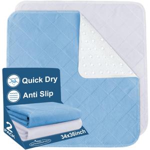 Bed Pads Washable Waterproof 34" x 36", 2 Pack Reusable Chuck Pads Incontinence Underpads Sheet Protector, Pee Pads for Adults, Elderly, Kids, Toddler and Pets, White and Blue