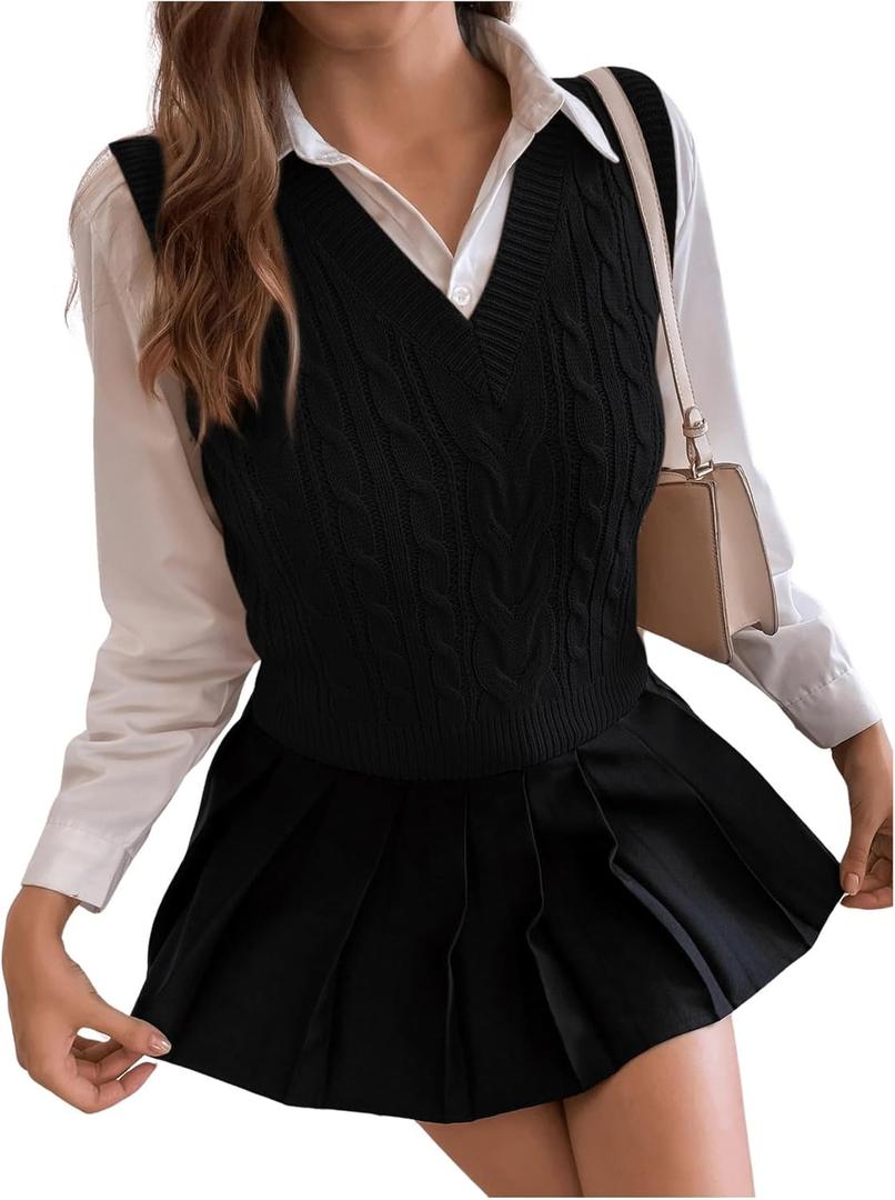 SweatyRocks Women's Sweater Vest V Neck Slim Fit Sleeveless Cable Knit Tops (Medium, Black)