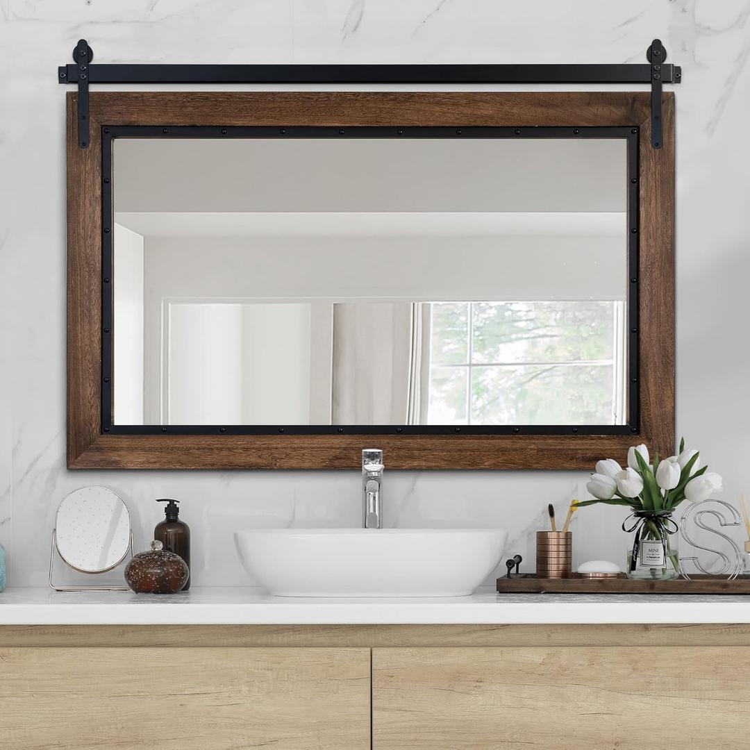 YOSHOOT Farmhouse Barn Door Mirror, 48"x30" Rustic Bathroom Mirror, Wood Frame Wall Mirror, Wooden Mirror for Living Room Bedroom Entryway Wall Dcor, Horizontal Hanging ONLY (Brown)